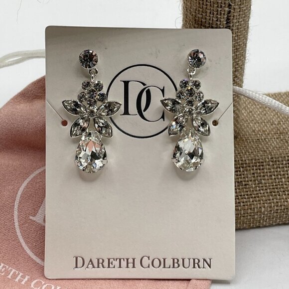 Dareth Colburn NWT Floral Pear Drop Clear Crystal Silver Bridal Prom Earrings - Picture 5 of 5